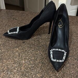 Sam Edelman Ladies Black Silk Harriett Heels Crystal Buckle-9.5-EUC-PROM-WEDDING